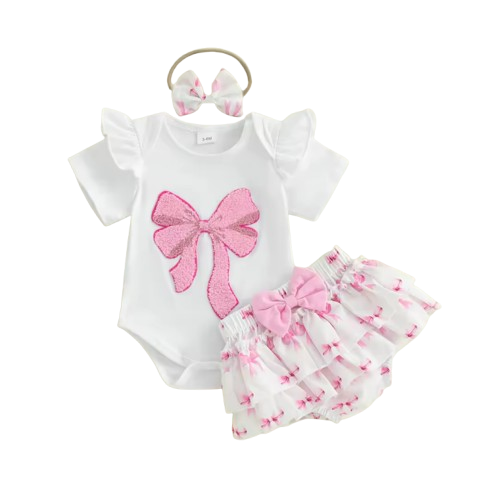 The Lexi - Baby Girl 3PCS Bow Embroidered Romper Shorts & Headband Summer Outfit
