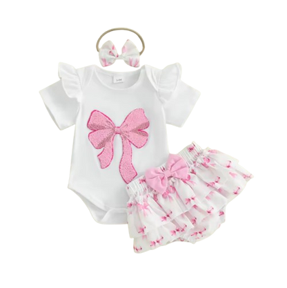 The Lexi - Baby Girl 3PCS Bow Embroidered Romper Shorts & Headband Summer Outfit