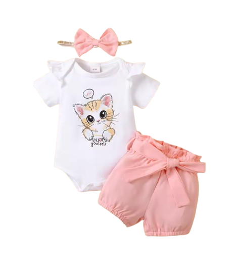 The Rivka - Baby Girl 3PCS Kitten Bodysuit Shorts & Headband Summer Outfit Set