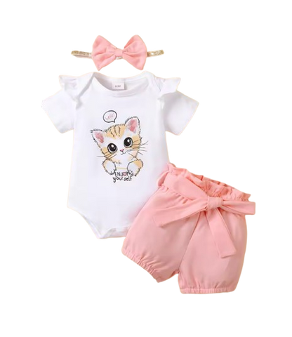 The Rivka - Baby Girl 3PCS Kitten Bodysuit Shorts & Headband Summer Outfit Set