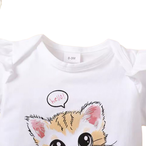 The Rivka - Baby Girl 3PCS Kitten Bodysuit Shorts & Headband Summer Outfit Set