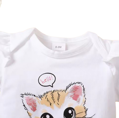 The Rivka - Baby Girl 3PCS Kitten Bodysuit Shorts & Headband Summer Outfit Set