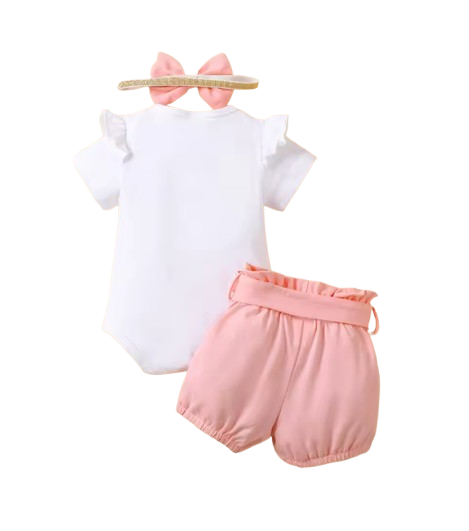 The Rivka - Baby Girl 3PCS Kitten Bodysuit Shorts & Headband Summer Outfit Set