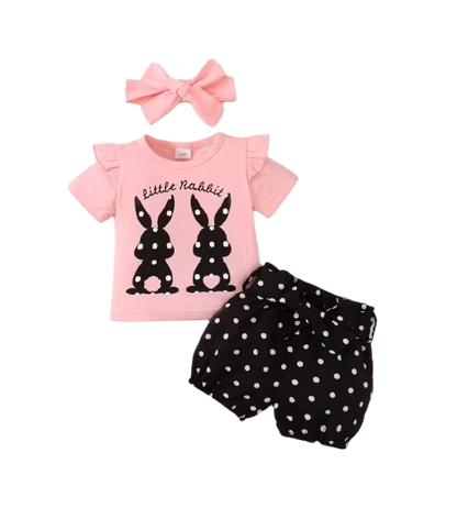 The Azariah - Baby Girl 3PCS Rabbit T-Shirt Polka Dot Shorts & Headband Outfit