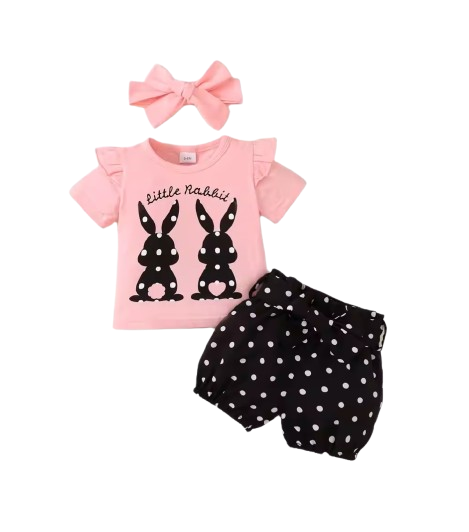 The Azariah - Baby Girl 3PCS Rabbit T-Shirt Polka Dot Shorts & Headband Outfit