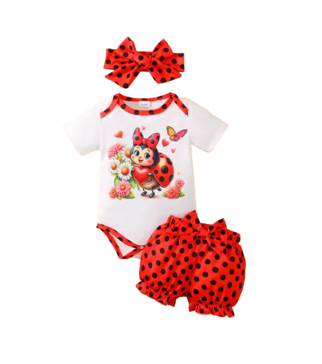 The Cassandra - Baby Girl 3PCS Ladybug Romper Polka Dot Shorts & Headband