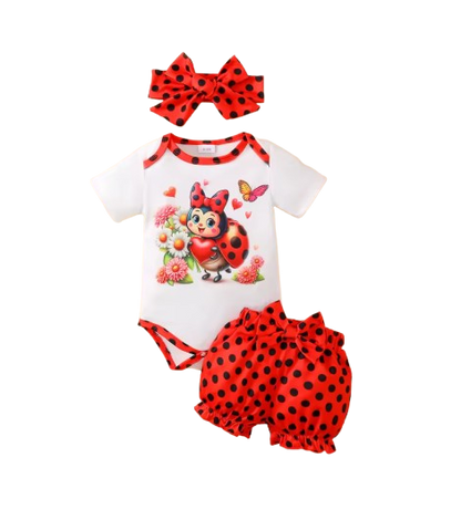 The Cassandra - Baby Girl 3PCS Ladybug Romper Polka Dot Shorts & Headband