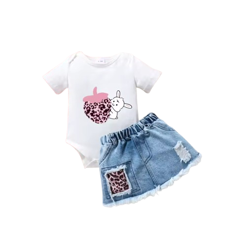 The Andi - Baby Girl Strawberry Rabbit Top Frayed Denim Skirt Summer Outfit 2PCS