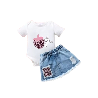 The Andi - Baby Girl Strawberry Rabbit Top Frayed Denim Skirt Summer Outfit 2PCS