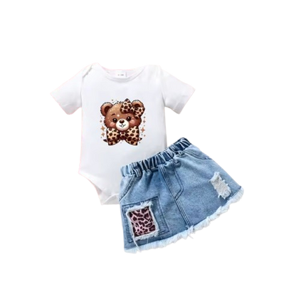 The Gabrielle - Baby Girl Bear Leopard Print Romper & Denim Skirt Summer Set 2PCS