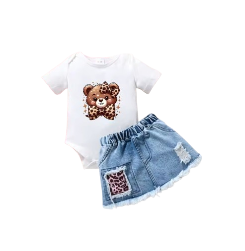 The Gabrielle - Baby Girl Bear Leopard Print Romper & Denim Skirt Summer Set 2PCS