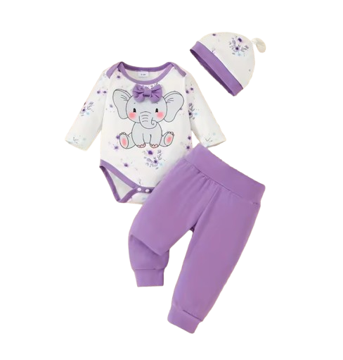 The Indie - Baby Girl 3PCS Purple Elephant Bodysuit Pants & Hat Outfit Set