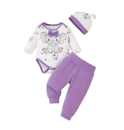 The Indie - Baby Girl 3PCS Purple Elephant Bodysuit Pants & Hat Outfit Set