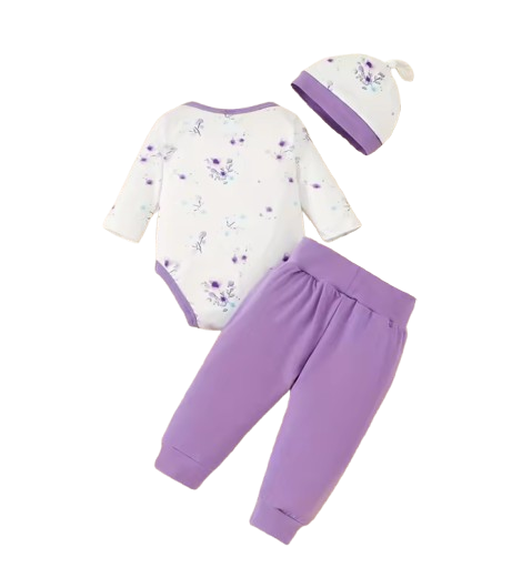 The Indie - Baby Girl 3PCS Purple Elephant Bodysuit Pants & Hat Outfit Set