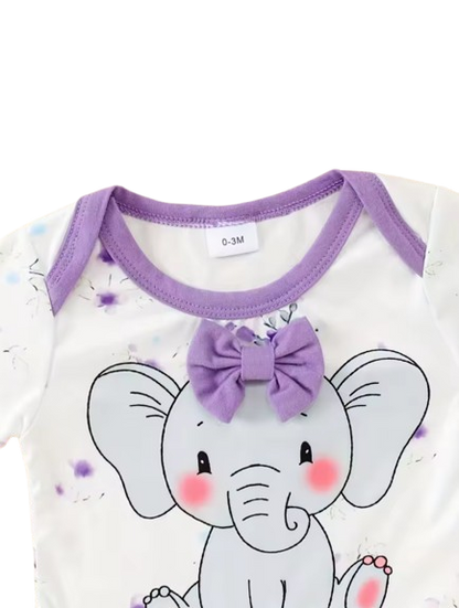 The Indie - Baby Girl 3PCS Purple Elephant Bodysuit Pants & Hat Outfit Set