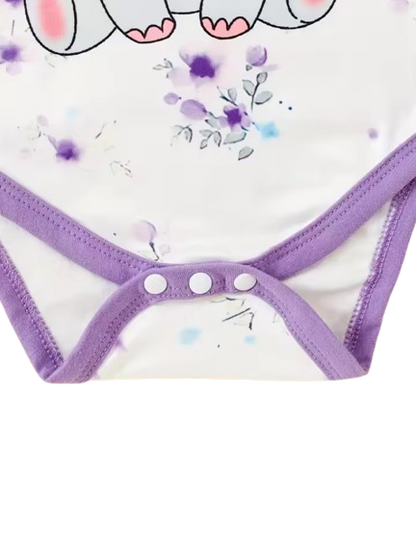 The Indie - Baby Girl 3PCS Purple Elephant Bodysuit Pants & Hat Outfit Set