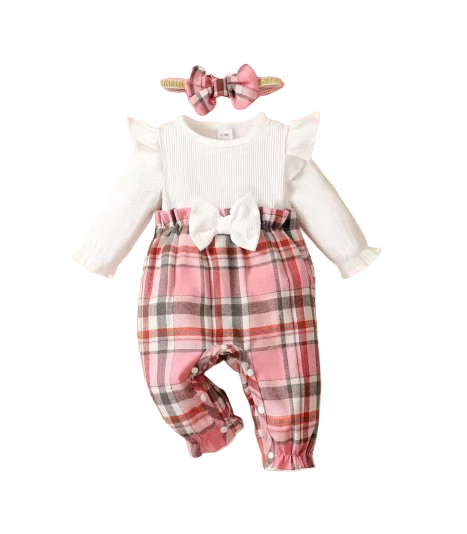 The Destiny - Baby Girl Pink Checkered Romper & Headband Long Sleeve Spring Outfit
