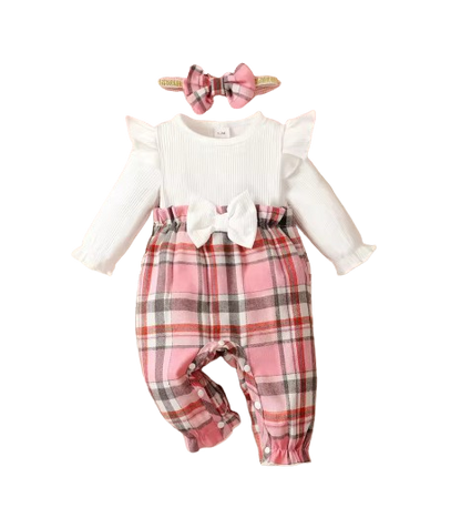 The Destiny - Baby Girl Pink Checkered Romper & Headband Long Sleeve Spring Outfit