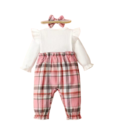 The Destiny - Baby Girl Pink Checkered Romper & Headband Long Sleeve Spring Outfit