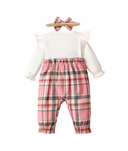 The Destiny - Baby Girl Pink Checkered Romper & Headband Long Sleeve Spring Outfit