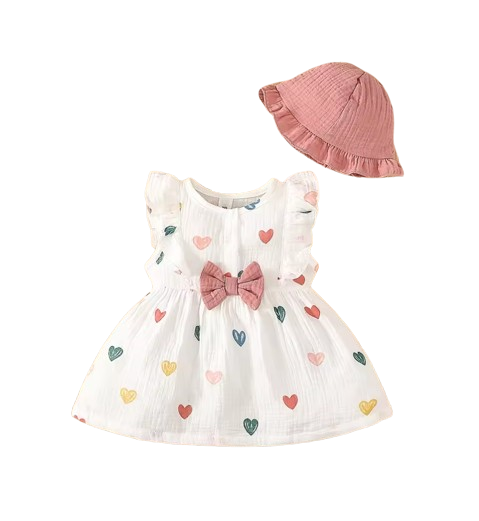 The Ariah - Baby Girl 2PCS Cotton Love Print Dress & Hat Summer Outfit