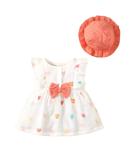 The Ariah - Baby Girl 2PCS Cotton Love Print Dress & Hat Summer Outfit