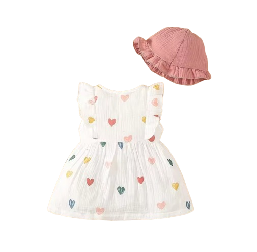 The Ariah - Baby Girl 2PCS Cotton Love Print Dress & Hat Summer Outfit
