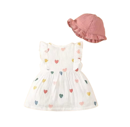 The Ariah - Baby Girl 2PCS Cotton Love Print Dress & Hat Summer Outfit
