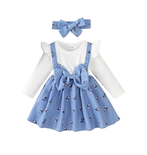 The Rhea - Baby Girl Floral Dress Large Bow & Headband Long Sleeve Autumn Outfit