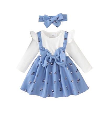 The Rhea - Baby Girl Floral Dress Large Bow & Headband Long Sleeve Autumn Outfit