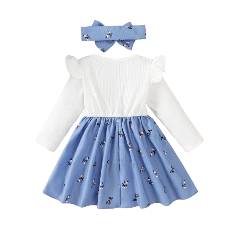 The Rhea - Baby Girl Floral Dress Large Bow & Headband Long Sleeve Autumn Outfit