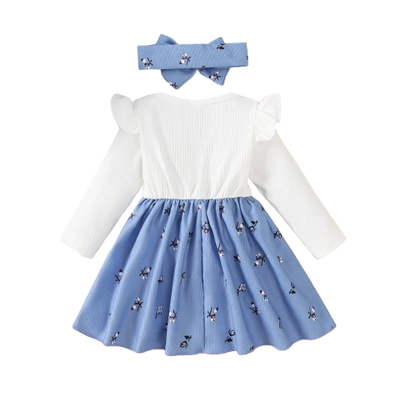 The Rhea - Baby Girl Floral Dress Large Bow & Headband Long Sleeve Autumn Outfit