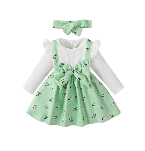 The Rhea - Baby Girl Floral Dress Large Bow & Headband Long Sleeve Autumn Outfit