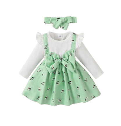 The Rhea - Baby Girl Floral Dress Large Bow & Headband Long Sleeve Autumn Outfit