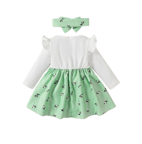The Rhea - Baby Girl Floral Dress Large Bow & Headband Long Sleeve Autumn Outfit