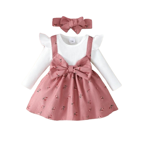 The Rhea - Baby Girl Floral Dress Large Bow & Headband Long Sleeve Autumn Outfit
