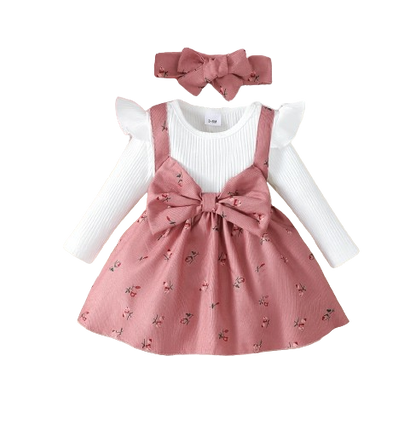 The Rhea - Baby Girl Floral Dress Large Bow & Headband Long Sleeve Autumn Outfit