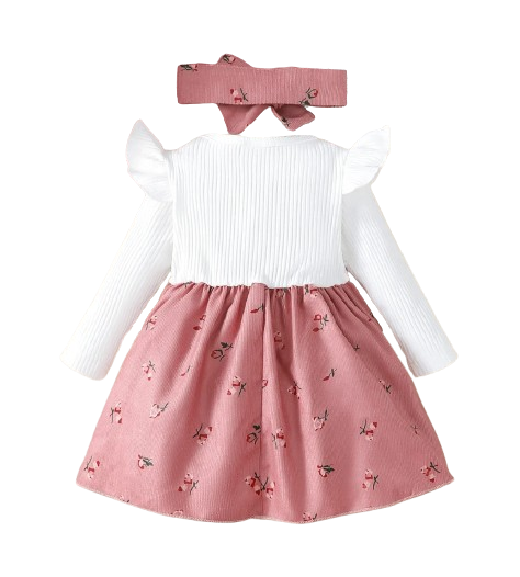 The Rhea - Baby Girl Floral Dress Large Bow & Headband Long Sleeve Autumn Outfit
