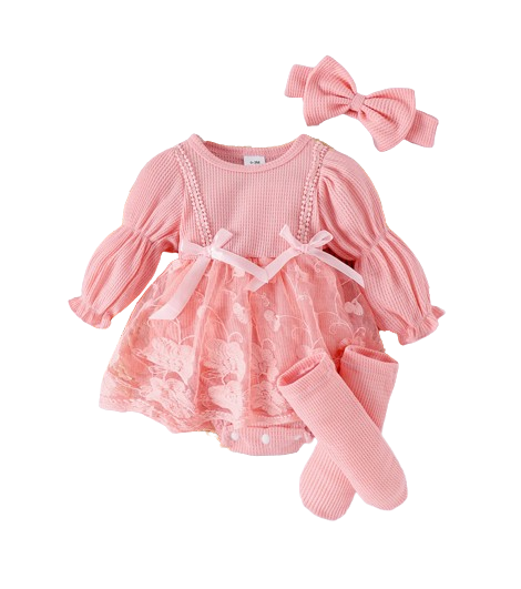 The Zariyah - Baby Girl Princess Waffle Lace Romper Dress & Socks Long Sleeve Outfit
