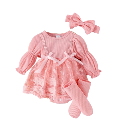 The Zariyah - Baby Girl Princess Waffle Lace Romper Dress & Socks Long Sleeve Outfit