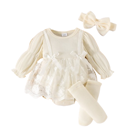 The Zariyah - Baby Girl Princess Waffle Lace Romper Dress & Socks Long Sleeve Outfit
