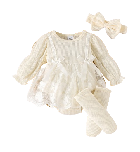 The Zariyah - Baby Girl Princess Waffle Lace Romper Dress & Socks Long Sleeve Outfit