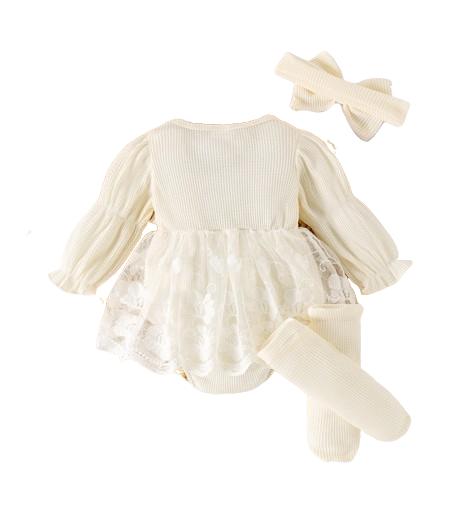 The Zariyah - Baby Girl Princess Waffle Lace Romper Dress & Socks Long Sleeve Outfit