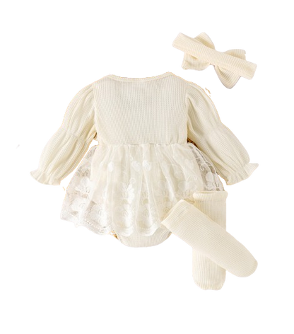 The Zariyah - Baby Girl Princess Waffle Lace Romper Dress & Socks Long Sleeve Outfit