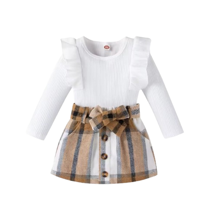 The Katie - Toddler Girl 2PCS Ribbed Knit Top & Plaid Bow Skirt Outfit Set