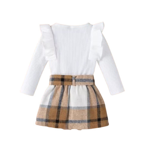 The Katie - Toddler Girl 2PCS Ribbed Knit Top & Plaid Bow Skirt Outfit Set