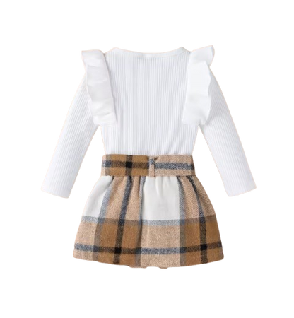 The Katie - Toddler Girl 2PCS Ribbed Knit Top & Plaid Bow Skirt Outfit Set