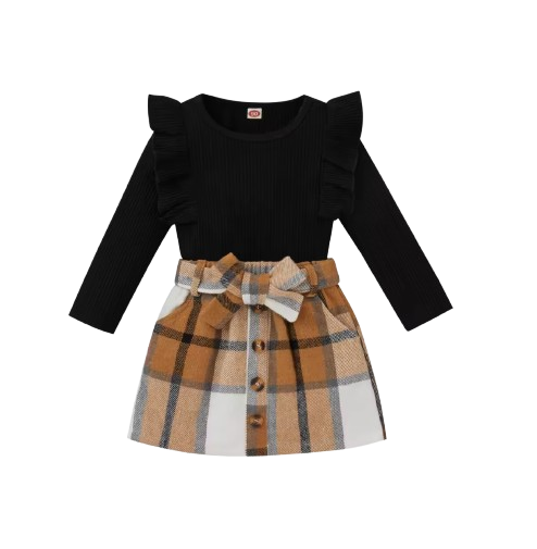 The Katie - Toddler Girl 2PCS Ribbed Knit Top & Plaid Bow Skirt Outfit Set