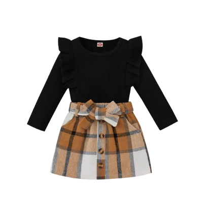 The Katie - Toddler Girl 2PCS Ribbed Knit Top & Plaid Bow Skirt Outfit Set