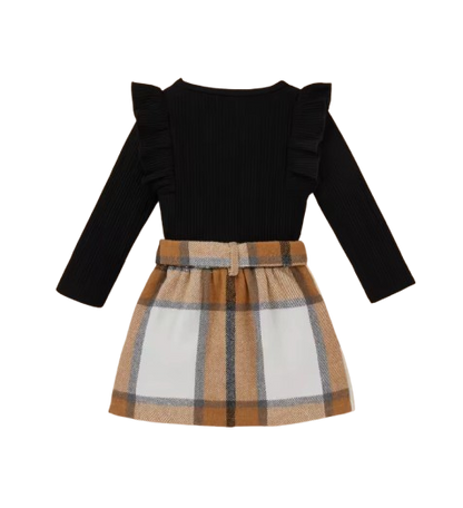 The Katie - Toddler Girl 2PCS Ribbed Knit Top & Plaid Bow Skirt Outfit Set